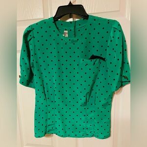 Art Deco Style Vintage Green Blouse with Navy Polka Dot buttons in back size 6